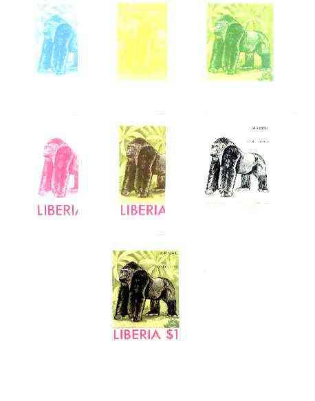 Liberia 1976 Animals $1 Gorilla the set of 7 imperf progressive proofs comprising the 4 individual colours plus 2, 3 and all 4-colour composites unmounted mint, as SG 129..., stamps on animals, stamps on apes