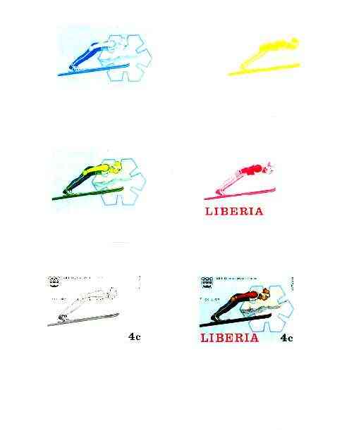 Liberia 1976 Innsbruck Winter Olympics 4c Ski Jumping the set of 6 imperf progressive proofs comprising the 4 individual colours plus 2 and all 4-colour composites unmoun..., stamps on sport, stamps on skiing