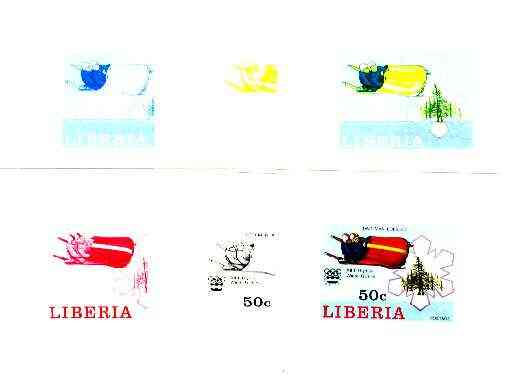 Liberia 1976 Innsbruck Winter Olympics 50c Bob Sleigh the set of 6 imperf progressive proofs comprising the 4 individual colours plus 2 and all 4-colour composites unmounted mint, as SG 1265, stamps on sport, stamps on sled