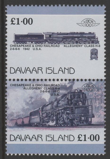 Davaar Island 1983 Locomotives #1 Chesapeake & Ohio Class H8 2-6-6-6 loco Â£1 perf se-tenant pair with yellow omitted unmounted mint, stamps on , stamps on  stamps on railways