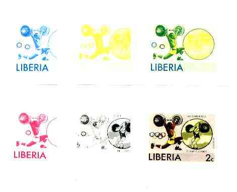 Liberia 1976 Montreal Olympics 2c Weight Lifting 2c the set of 6 imperf progressive proofs comprising the 4 individual colours plus 2 and all 4-colour composites unmounted mint, as SG 1270, stamps on , stamps on  stamps on sport, stamps on weightlifting