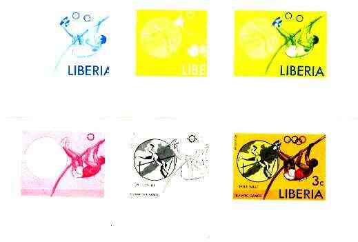 Liberia 1976 Montreal Olympics 3c Pole Vault the set of 6 imperf progressive proofs comprising the 4 individual colours plus 2 and all 4-colour composites, unmounted mint as SG 1271, stamps on , stamps on  stamps on sport, stamps on pole vault