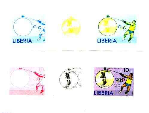 Liberia 1976 Montreal Olympics 10c Hammer & Shot Putt the set of 6 imperf progressive proofs comprising the 4 individual colours plus 2 and all 4-colour composites unmounted mint, as SG 1272, stamps on , stamps on  stamps on sport, stamps on hammer, stamps on shot