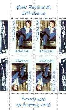 Angola 1999 Great People of the 20th Century - Elvis #1 perf sheetlet of 4 (2 tete-beche pairs with Sinatra in margins) unmounted mint, stamps on , stamps on  stamps on music, stamps on  stamps on personalities, stamps on  stamps on elvis, stamps on  stamps on entertainments, stamps on  stamps on films, stamps on  stamps on cinema, stamps on  stamps on millennium, stamps on  stamps on sinatra