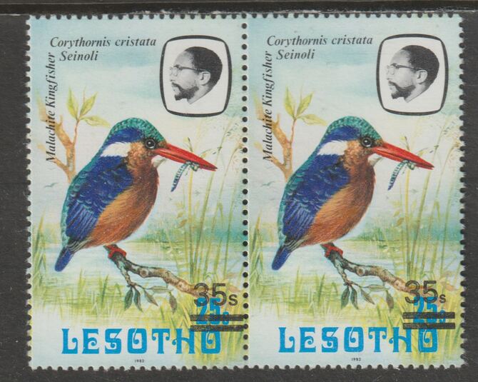 Lesotho 1986-88 Malachite Kingfisher Provisional 35s on 25s (1982 issue) unmounted mint with 'small s' variety in pair with normal, SG 720/a, stamps on , stamps on  stamps on birds, stamps on kingfisher