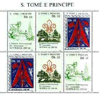 St Thomas & Prince Islands 1988 Australian International Scout Congress perf sheetlet containing two sets of 3, unmounted mint, stamps on , stamps on  stamps on scouts