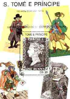 St Thomas & Prince Islands 1988 150th Anniversary of Penny Black perf souvenir sheet unmounted mint, stamps on postal, stamps on stamp on stamp, stamps on postman, stamps on stamponstamp, stamps on stamponstamp