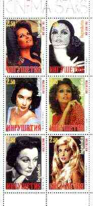 Ingushetia Republic 1999 Female Film Stars perf sheetlet containing complete set of 6 values (Liz Taylor, Sophia Loren, Bardot etc) unmounted mint, stamps on , stamps on  stamps on films, stamps on  stamps on cinema, stamps on  stamps on entertainments, stamps on  stamps on women