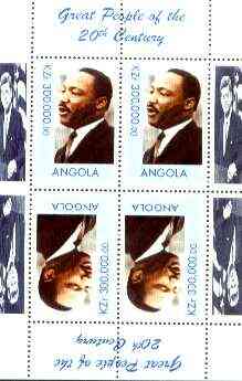 Angola 1999 Great People of the 20th Century - Martin Luther King perf sheetlet containing 4 values (2 tete-beche pairs) unmounted mint (JFK in margin), stamps on , stamps on  stamps on personalities, stamps on  stamps on constitutions, stamps on  stamps on kennedy, stamps on  stamps on human rights, stamps on  stamps on millennium