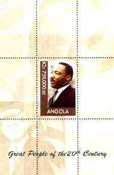 Angola 1999 Great People of the 20th Century - Martin Luther King perf souvenir sheet unmounted mint (JFK & Mother Teresa in background), stamps on , stamps on  stamps on personalities, stamps on  stamps on constitutions, stamps on  stamps on kennedy, stamps on  stamps on human rights, stamps on  stamps on millennium