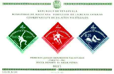 Venezuela 1962 First National Games (Postage) imperf m/sheet containing 3 diamond shaped stamps, SG MS 1743, stamps on , stamps on  stamps on sport, stamps on shot, stamps on football, stamps on swimming, stamps on diamond