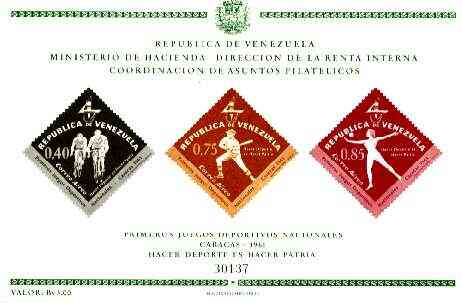 Venezuela 1962 First National Games (Air Mail) imperf m/sheet containing 3 diamond shaped stamps unmounted mint, SG MS 1747, stamps on , stamps on  stamps on sport, stamps on bicycles, stamps on baseball, stamps on gymnastics, stamps on diamond, stamps on  stamps on  gym , stamps on  stamps on gymnastics, stamps on  stamps on 