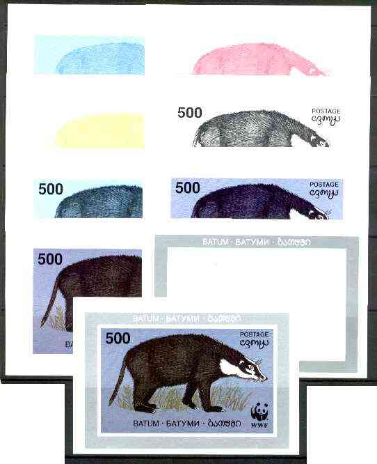 Batum 1994 WWF Wild Animals (Badger) souvenir sheet, the set of 9 imperf progressive colour proofs comprising the 5 individual colours plus 2, 3, 4 and all 5-colour compo...