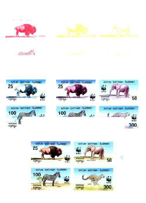 Batum 1994 WWF Wild Animals (Zebra, Bison, Cheetah & Elephant) the set of 7 imperf progressive colour proofs comprising the 4 individual colours plus 2, 3 and all 4-colour composites unmounted mint, stamps on animals, stamps on wwf, stamps on bison, stamps on elephant, stamps on zebra, stamps on cheetah, stamps on cats, stamps on bovine, stamps on  wwf , stamps on 