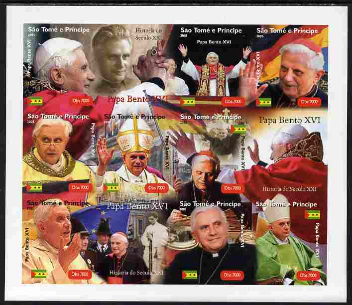 St Thomas & Prince Islands 2005 Pope Benedict imperf sheetlet containing 12 values unmounted mint, stamps on pope, stamps on popes