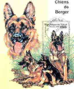 Chad 1999 Dogs (GSD) perf miniature sheet fine cto used, stamps on , stamps on  stamps on dogs, stamps on  stamps on  gsd , stamps on  stamps on 