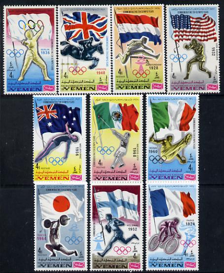 Yemen - Royalist 1968 Olympics Winners with Flags set of 10 unmounted mint (Mi 517-27A ex 520) , stamps on , stamps on  stamps on flags  olympics   fencing  shot-put  equestrian  boxing  diving  hurdles  gymnastics  running  weightlifting  bicycles, stamps on  stamps on  gym , stamps on  stamps on gymnastics, stamps on  stamps on 