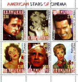 Kalmikia Republic 1999 American Film Stars perf sheetlet containing complete set of 6 values (Marilyn, Brando, Liz Taylor, M Douglas, etc) unmounted mint, stamps on , stamps on  stamps on films, stamps on cinema, stamps on entertainments, stamps on marilyn monroe