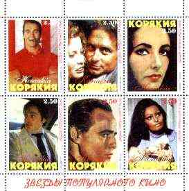 Koriakia Republic 1999 Film Stars perf sheetlet containing complete set of 6 values (Marilyn, Brando, Liz Taylor, Sophia Loren, Schwarzenegger, M Douglas, etc) unmounted mint, stamps on , stamps on  stamps on films, stamps on cinema, stamps on entertainments, stamps on marilyn monroe