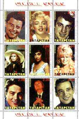 Tatarstan Republic 1999 Film Stars perf sheetlet containing complete set of 9 values (Marilyn, Sophia Loren, Gina, Bardot, Yves M etc) unmounted mint, stamps on , stamps on  stamps on films, stamps on cinema, stamps on entertainments, stamps on marilyn monroe