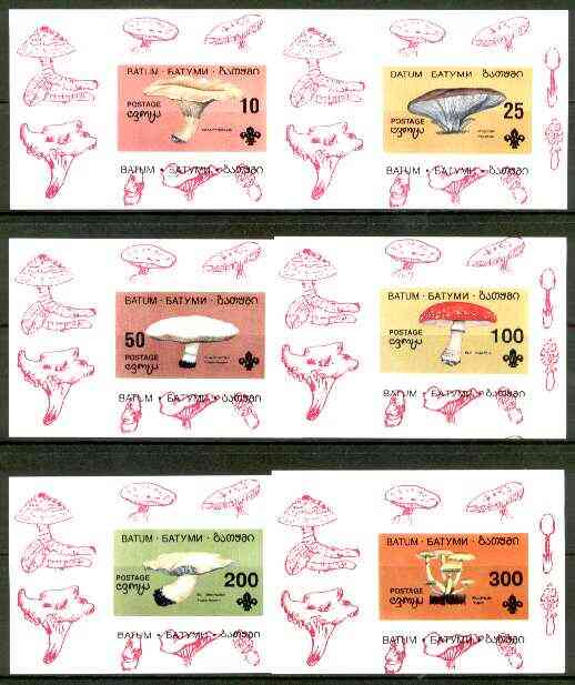 Batum 1994 Fungi (showing Scout emblem) set of 6 imperf sheetlets unmounted mint, stamps on , stamps on  stamps on fungi, stamps on scouts