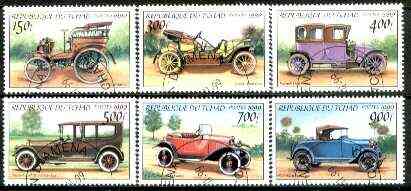 Chad 1999 Vintage Cars complete set of 6 values fine cto used*, stamps on , stamps on  stamps on cars, stamps on ford, stamps on renault, stamps on bianchi, stamps on pierce arrow, stamps on citroen, stamps on 