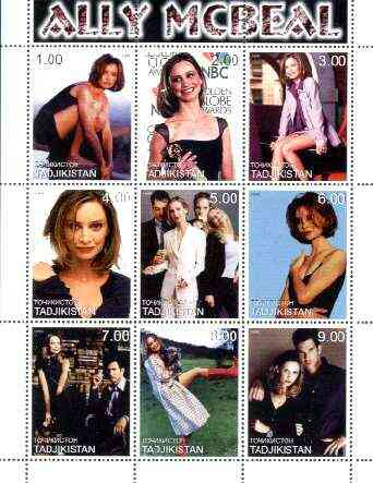 Tadjikistan 1999 Ally McBeal perf sheetlet containing complete set of 9 values unmounted mint, stamps on , stamps on  stamps on personalities, stamps on entertainments, stamps on films, stamps on cinema, stamps on  stamps on  tv , stamps on  stamps on women