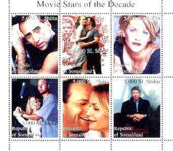 Somaliland 1999 Movie Stars of the Decade perf sheetlet containing set of 6 values (H Ford, Meg Ryan, Tom Cruise, etc) unmounted mint, stamps on , stamps on  stamps on personalities, stamps on entertainments, stamps on films, stamps on cinema, stamps on  stamps on movies