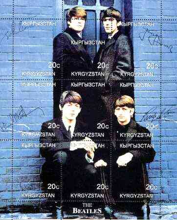 Kyrgyzstan 1999 Beatles composite perf sheet of 9 values unmounted mint, stamps on , stamps on  stamps on music, stamps on entertainments, stamps on beatles, stamps on pops