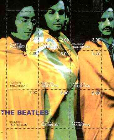 Tadjikistan 1999 Beatles composite perf sheet of 9 values unmounted mint, stamps on music, stamps on entertainments, stamps on beatles, stamps on pops