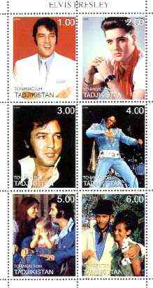 Tadjikistan 1999 Elvis Presley perf sheet of 6 values unmounted mint, stamps on , stamps on  stamps on music, stamps on entertainments, stamps on elvis, stamps on pops, stamps on films, stamps on cinema, stamps on personalities