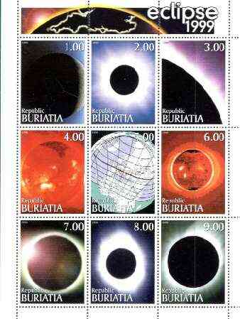 Buriatia Republic 1999 Eclipse perf sheetlet containing complete set of 9 values unmounted mint, stamps on , stamps on  stamps on eclipse, stamps on astronomy, stamps on  stamps on space