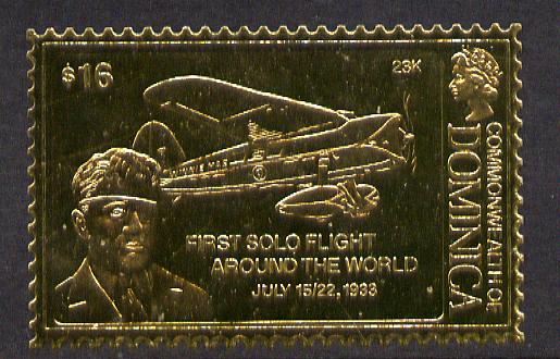 Dominica 1978 History of Aviation (Wiley Post & First Solo Flight Around the World) $16 embossed on 23k gold foil unmounted mint, stamps on , stamps on  stamps on aviation  personalities