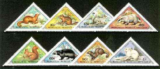 Mongolia 1973 Small Fur Animals triangular set of 8 unmounted mint, SG 772-79, stamps on , stamps on  stamps on animals, stamps on triangulars, stamps on badger, stamps on hare, stamps on squirrel, stamps on 