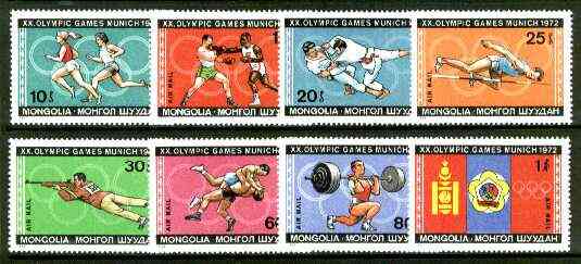 Mongolia 1972 Munich Olympic Games set of 8 unmounted mint, SG 677-84*, stamps on , stamps on  stamps on olympics, stamps on sport, stamps on weightlifting, stamps on judo, stamps on boxing, stamps on flags, stamps on wrestling, stamps on running, stamps on high jump, stamps on rifle, stamps on  stamps on martial arts