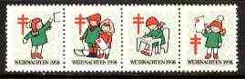 Cinderella - Germany 1958 Christmas TB seal se-tenant strip of 4 (Children sending Christmas cards), stamps on , stamps on  stamps on cinderella, stamps on christmas, stamps on tb, stamps on diseases, stamps on medical