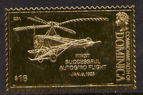 Dominica 1978 History of Aviation (Juan de la Ciervas Autogiro) $16 embossed on 23k gold foil unmounted mint, stamps on aviation