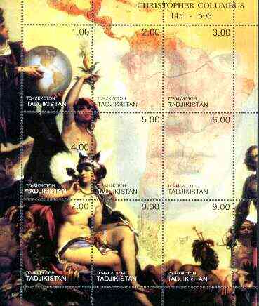 Tadjikistan 2000 Christopher Columbus composite perf sheetlet containing set of 9 values unmounted mint, stamps on , stamps on  stamps on personalities, stamps on ships, stamps on explorers, stamps on columbus