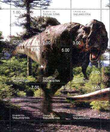 Tadjikistan 2000 Prehistoric Animals composite perf sheetlet containing set of 9 values unmounted mint, stamps on dinosaurs