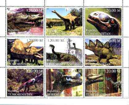 Turkmenistan 2000 Prehistoric Animals perf sheetlet containing set of 9 values unmounted mint, stamps on , stamps on  stamps on dinosaurs