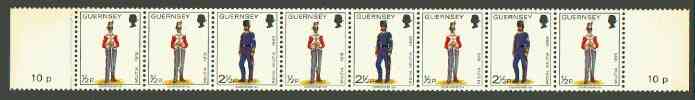 Guernsey 1974-78 Militia Uniforms 10p booklet strip of 8 (1/2p x 5, 2.5p x 3) unmounted mint, SG 98a, stamps on militaria, stamps on uniforms