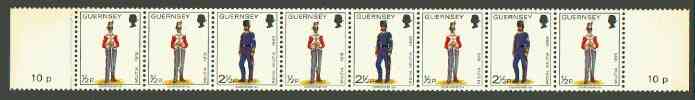 Guernsey 1974-78 Militia Uniforms 10p booklet strip of 8 (1/2p x 5, 2.5p x 3) unmounted mint, SG 98a, stamps on , stamps on  stamps on militaria, stamps on  stamps on uniforms