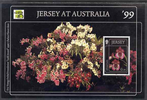 Jersey 1999 Jersey Orchids (4th series) perf m/sheet with 'Australia 99' logo unmounted mint, SG MS898, stamps on , stamps on  stamps on flowers, stamps on  stamps on orchids, stamps on  stamps on stamp exhibitions