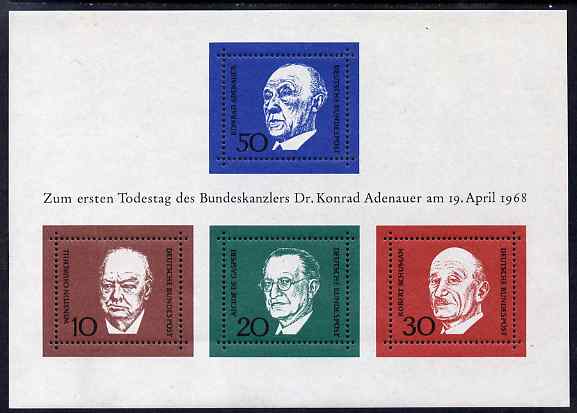 Germany - West 1968 Adenauer Commemoration (1st issue) m/sheet unmounted mint SG MS1459, stamps on , stamps on  stamps on personalities, stamps on  stamps on constitutions, stamps on  stamps on nato, stamps on  stamps on churchill, stamps on  stamps on  ww2 , stamps on  stamps on 