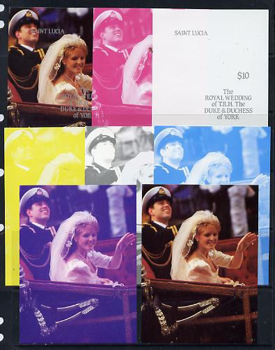 St Lucia 1986 Royal Wedding (Andrew & Fergie) $10 m/sheet set of 8 imperf progressive colour proofs comprising the 5 individual colours plus 3 composites unmounted mint, stamps on royalty       andrew & fergie