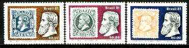 Brazil 1981 Cent of Pedro II small head stamps set of 3 unmounted mint SG 1908-10*, stamps on stamp on stamp, stamps on stamponstamp, stamps on stamponstamp