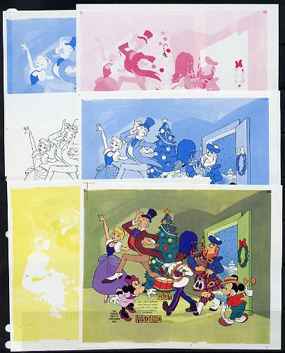 Lesotho 1983 Walt Disney Christmas m/sheet set of 6 imperf progressive proofs comprising the 4 individual colours, 2-colour composite plus all 4 colours (as SG MS 562), stamps on christmas, stamps on literature, stamps on disney