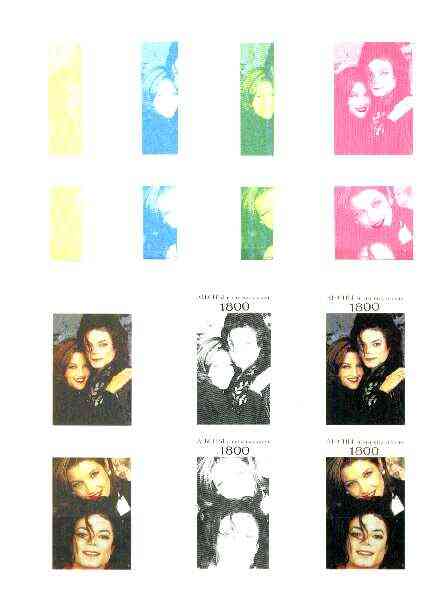Abkhazia 1995 Michael Jackson & Lisa Marie Presley souvenir sheet containing 2 values, the set of 7 imperf progressive colour proofs comprising the 4 individual colours p..., stamps on music, stamps on personalities, stamps on pops