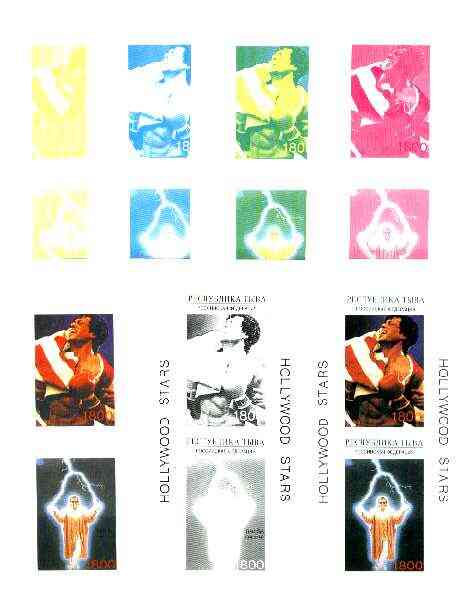 Touva 1995 Hollywood Stars #2 m/sheet containing 2 values (S Stallone & Jack Nicholson) the set of 7 imperf progressive colour proofs comprising the 4 individual colours ..., stamps on personalities, stamps on entertainments, stamps on theatre, stamps on films, stamps on cinema