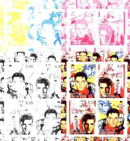 Tadjikistan 2000 Elvis Presley sheetlet of 4, the set of 5 imperf progressive colour proofs comprising the 4 individual colours plus all 4-colour composite unmounted mint, stamps on , stamps on  stamps on music, stamps on entertainments, stamps on elvis, stamps on pops, stamps on films, stamps on cinema, stamps on personalities, stamps on  stamps on guitar